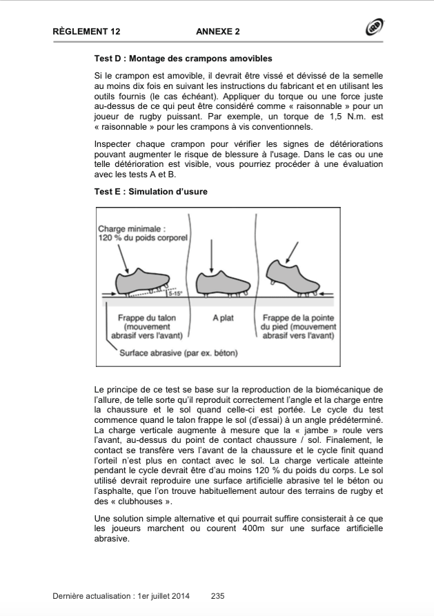 Règlement 12 IRB - Annexe 2 - les chaussures de rugby