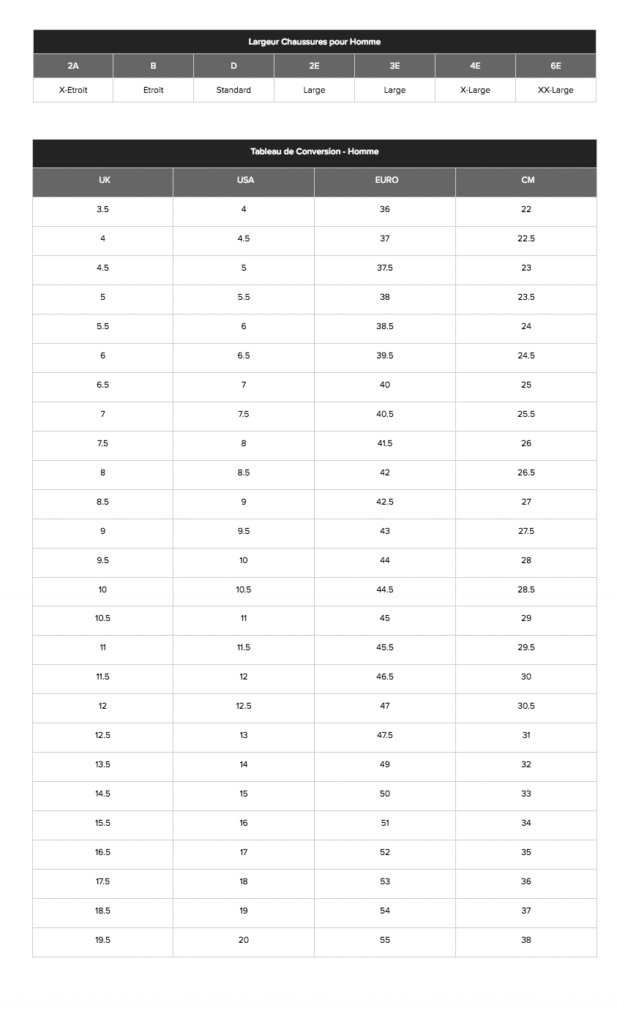 guide taille chaussures puma