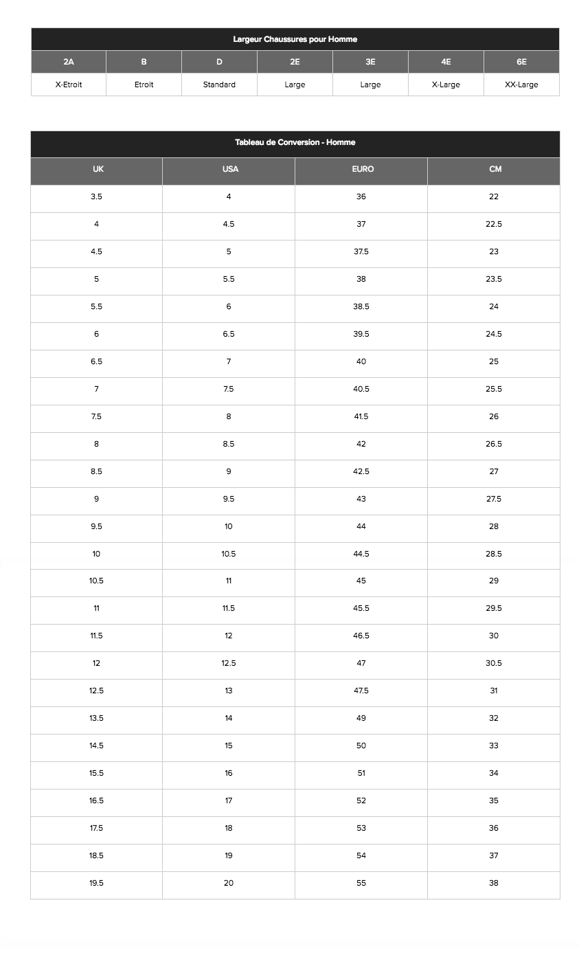 guide taille new balance